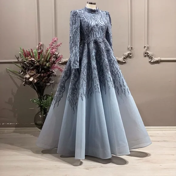 green emerald velvet dress Moden Black Long Sleeves Evening Dress Lace High-Neck main image 1